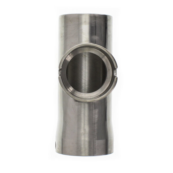 A stainless steel metal pipe with a hole in the middle.