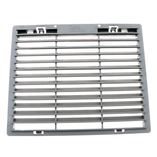 A grey plastic Glastender louver with holes.