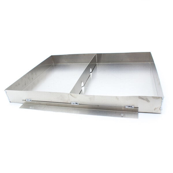 A metal drain pan with two compartments.