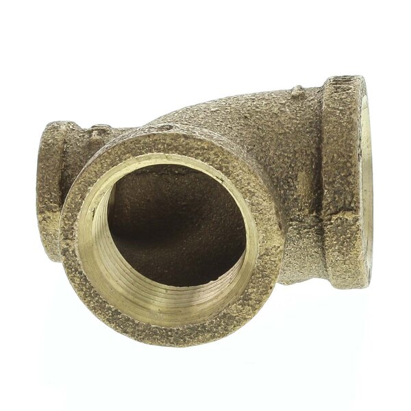 A gold colored brass pipe fitting with nozzle.