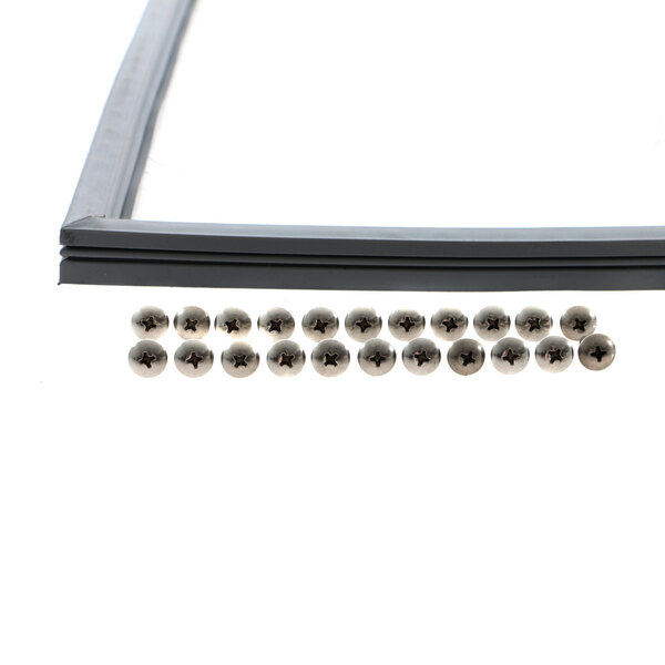 A black door gasket with a group of metal screws with a cross in the center.