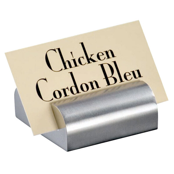An American Metalcraft stainless steel menu / card holder with a piece of paper in it.