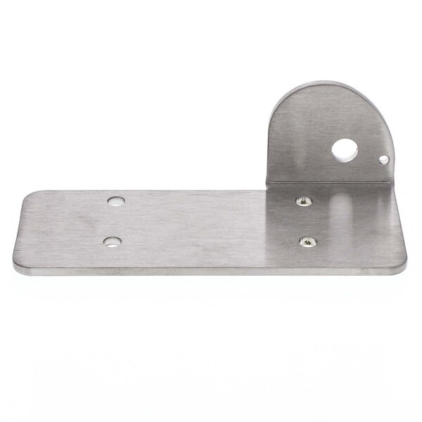 A stainless steel Alto-Shaam upper door hinge bracket with holes.