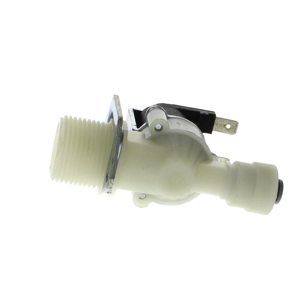 A white plastic NU-VU solenoid valve with a metal screw.