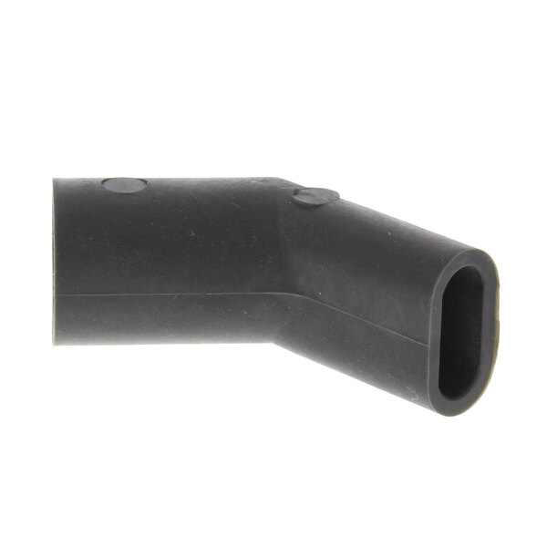 A black plastic elbow fitting for a Lancer refrigerated beverage dispenser on a white background.