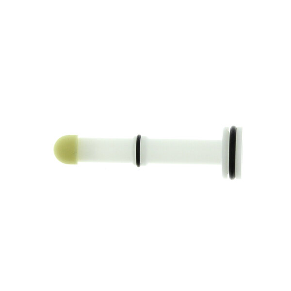 A white and black plastic plunger with a black cap.