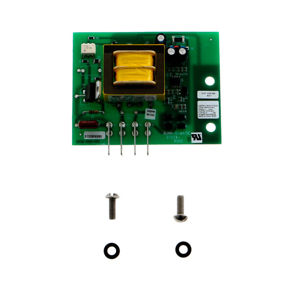 A Bunn water level control board with a green circuit board and screws.