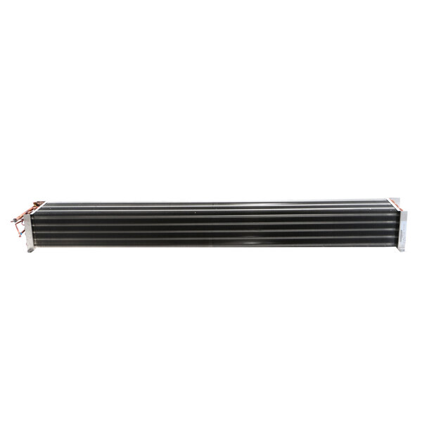 A black rectangular Master-Bilt evaporator coil with red wires.
