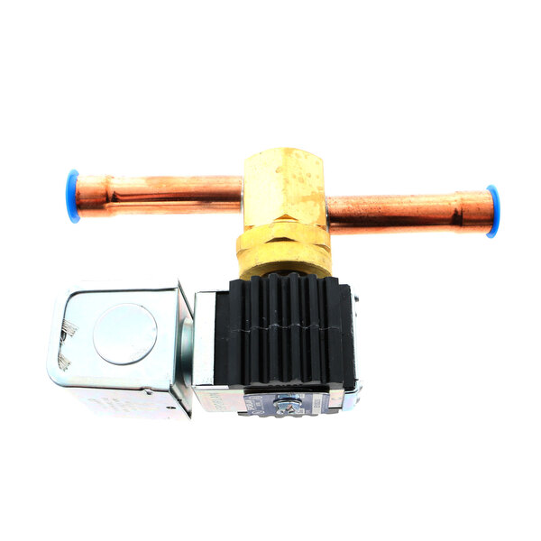 A close-up of a Master-Bilt water solenoid valve with copper and blue pipes.