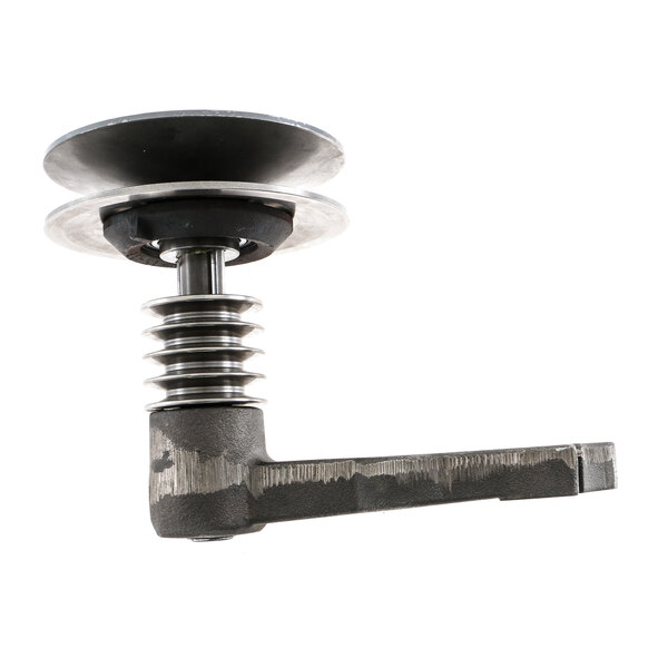 A metal screw with a black knob on top attached to a metal object.