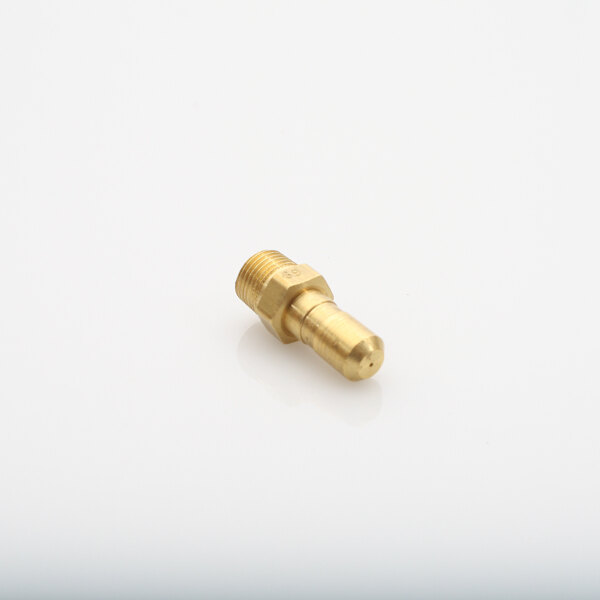 A close-up of a brass threaded connector on a white surface.