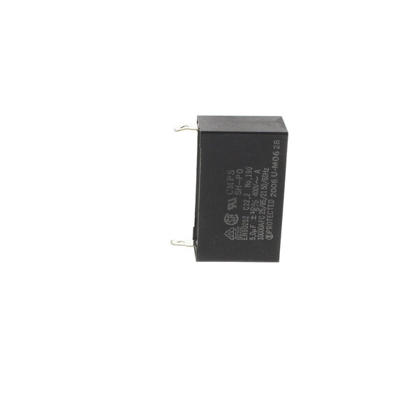 A close up of a black rectangular Hoshizaki capacitor.