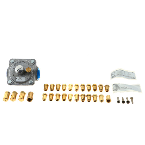 A Keating gas regulator cylinder kit with brass fittings and nuts.
