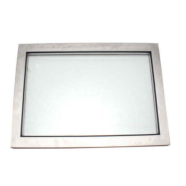 A square glass window with a silver rectangular frame and black trim.