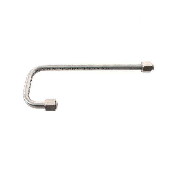 A stainless steel curved pipe with nuts on the ends.