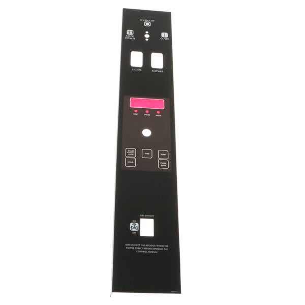 A black rectangular electronic panel with buttons and a red light.