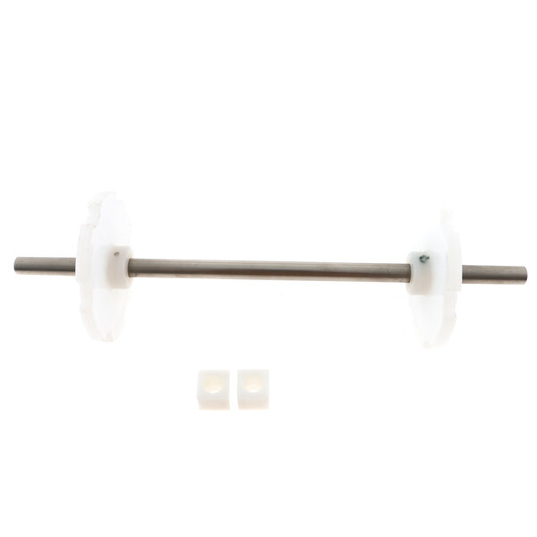 A white plastic idler assembly with a wheel on a white plastic rod.