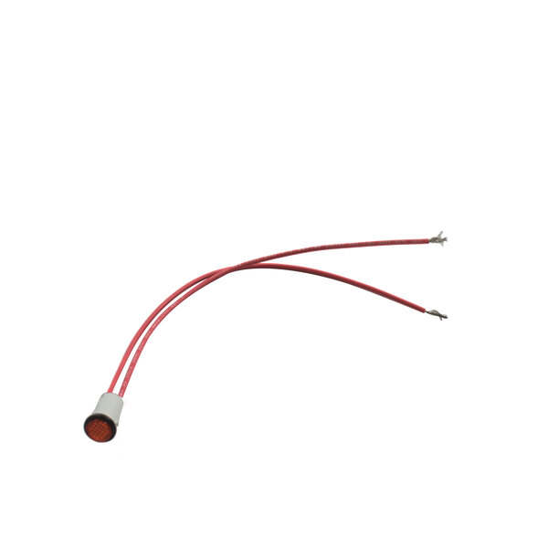 A close-up of a red wire with a red connector on a white background.