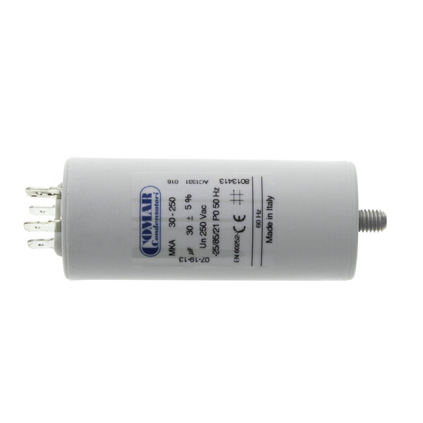 An Electrolux Professional Run Capacitor with black text on a white cylindrical tube.