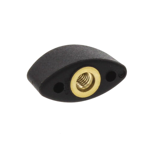 A black plastic Electrolux button with a gold screw.