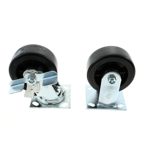 A pair of Montague casters with black rubber wheels and metal plates.