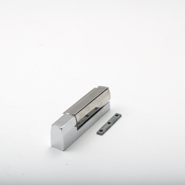 A chrome metal Victory hinge assembly with metal plates and metal pieces.