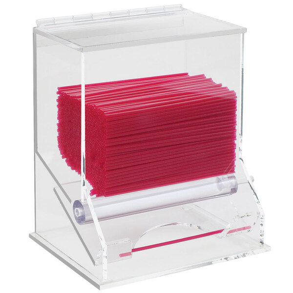 A clear plastic container with red stirrer straws in it.