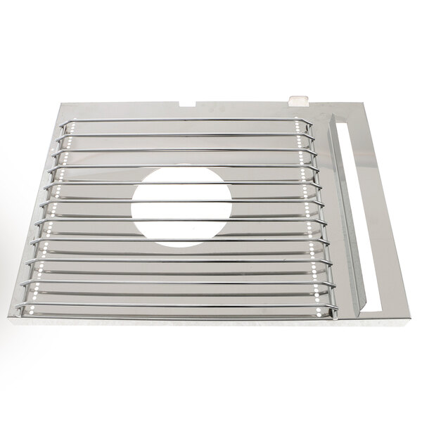 A metal fan shroud with a metal grate and a circle in the middle.