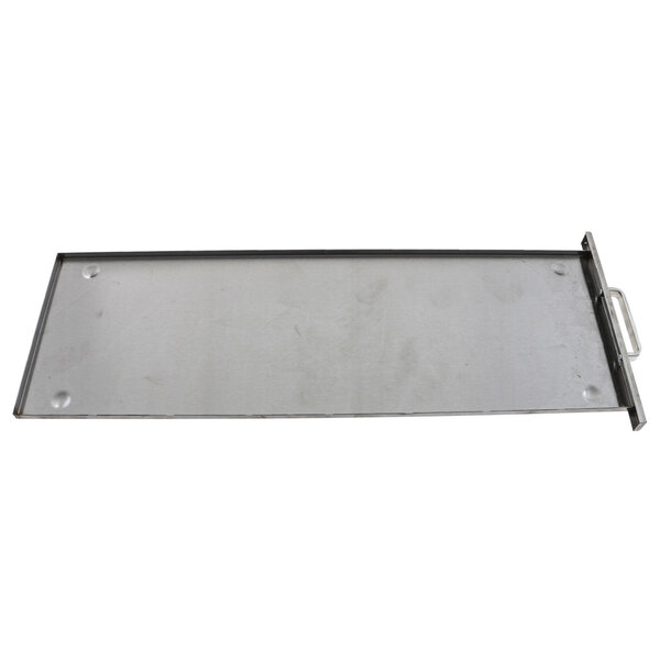 A metal tray with a metal handle.