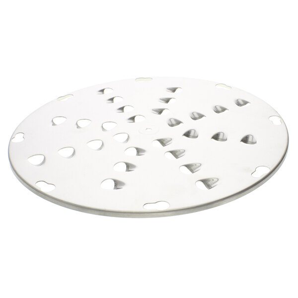 A circular white metal plate with holes.