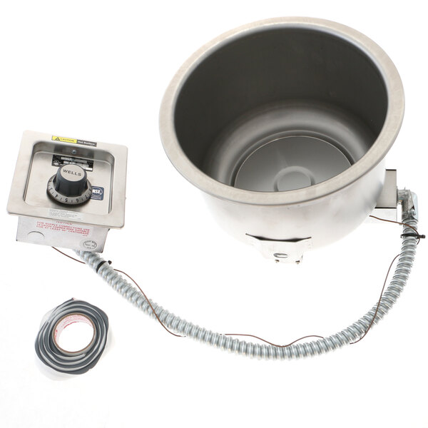 A Wells 5P-SS10TU-120 drop-in hot food well with a metal pot and wire attached.