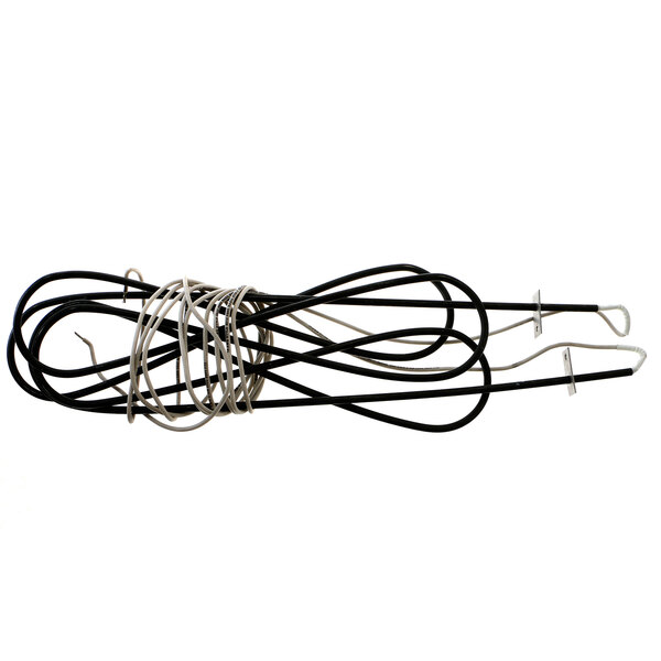 A black and white wire with silver hook and black handle.