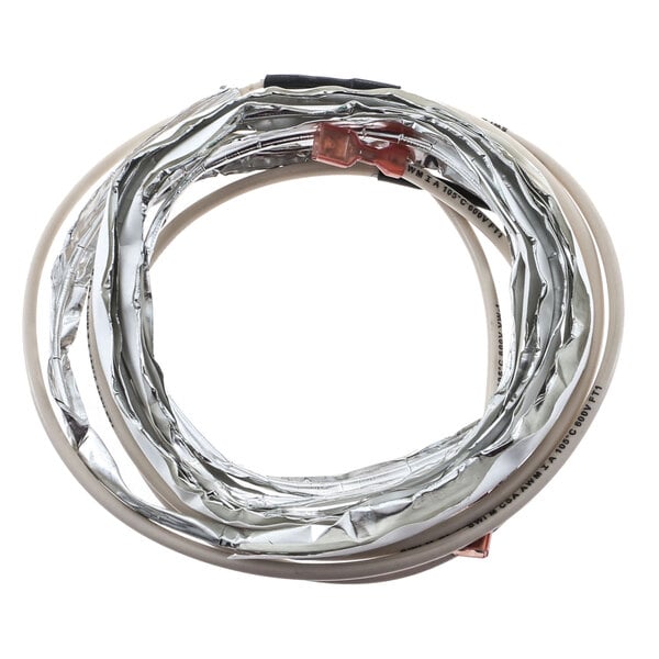 A close-up of a Perlick door heater wire with silver and white coating.