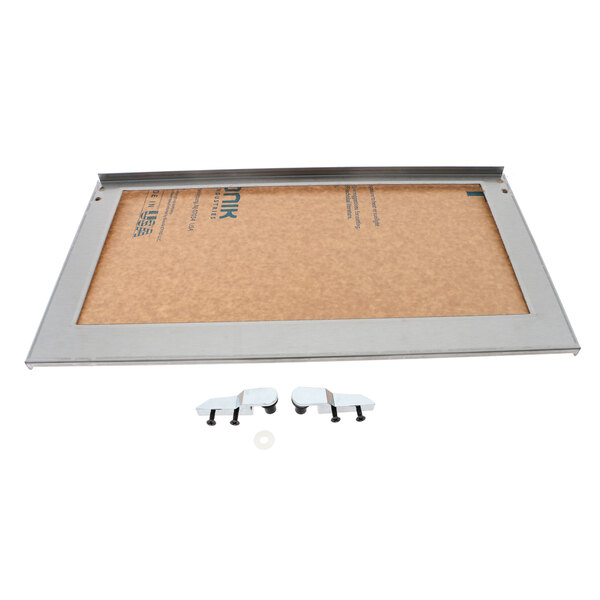 A metal frame with screws and a metal tray with screws on it.