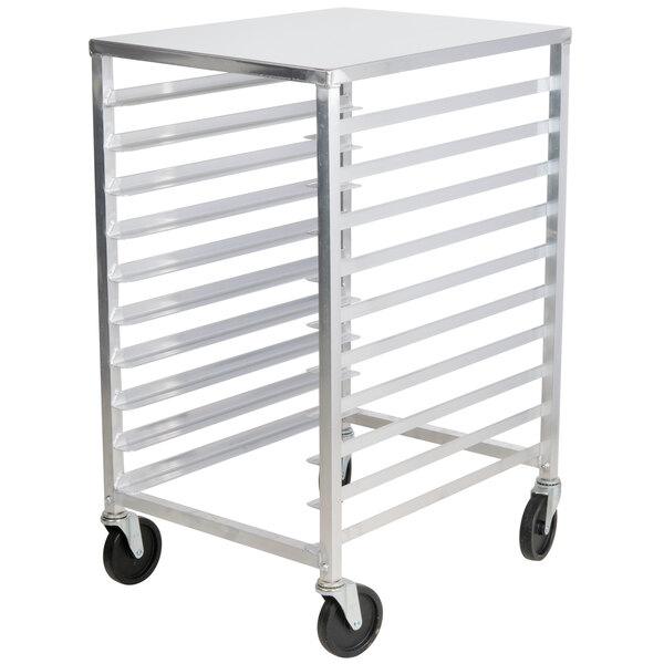 A stainless steel Advance Tabco sheet pan rack with black wheels.