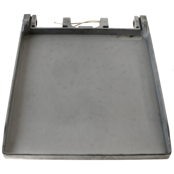 A gray metal tray with a wire.