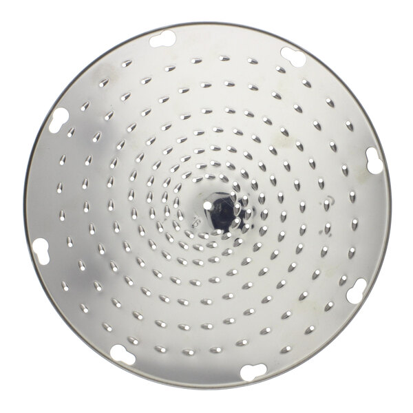 A stainless steel Univex Shredder Plate with holes in it.