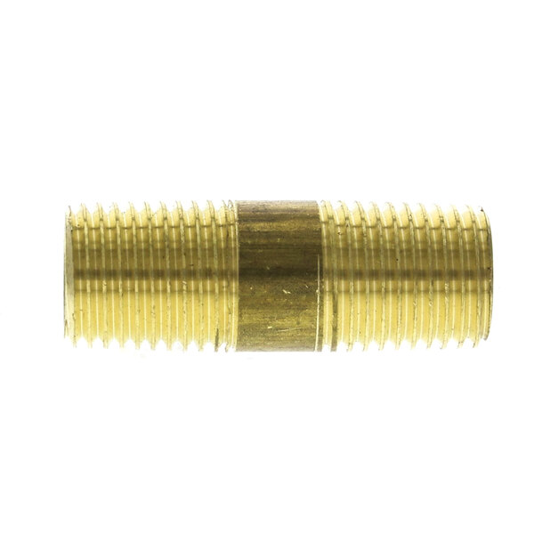 A close-up of a brass pipe threaded on one end.