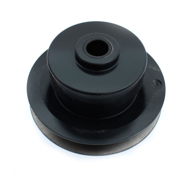 A black rubber pulley wheel with a hole in the center.
