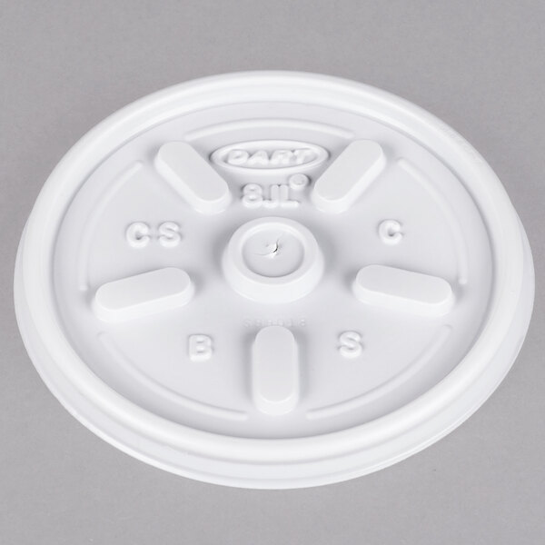 A close-up of a white plastic lid with four circular vents.