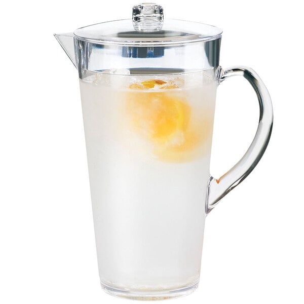 A Cal-Mil polycarbonate pitcher with a drink and a lemon slice.