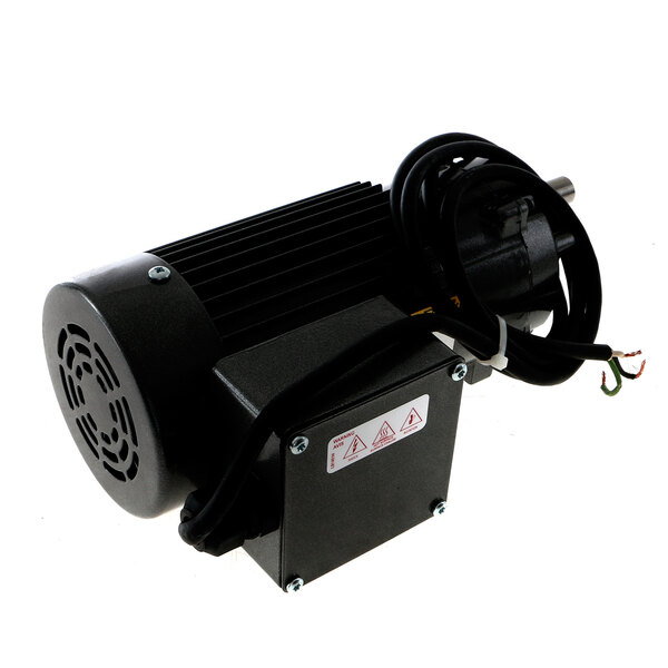 A black electric motor gear with wires.