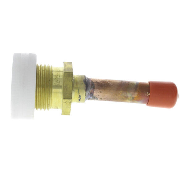 A white and orange plastic pipe with a brass fitting.