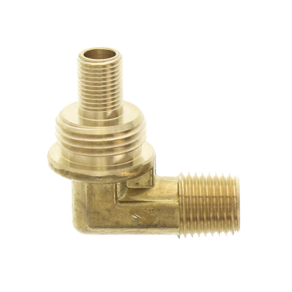 A close up of a gold-colored brass threaded pipe fitting with a nut.