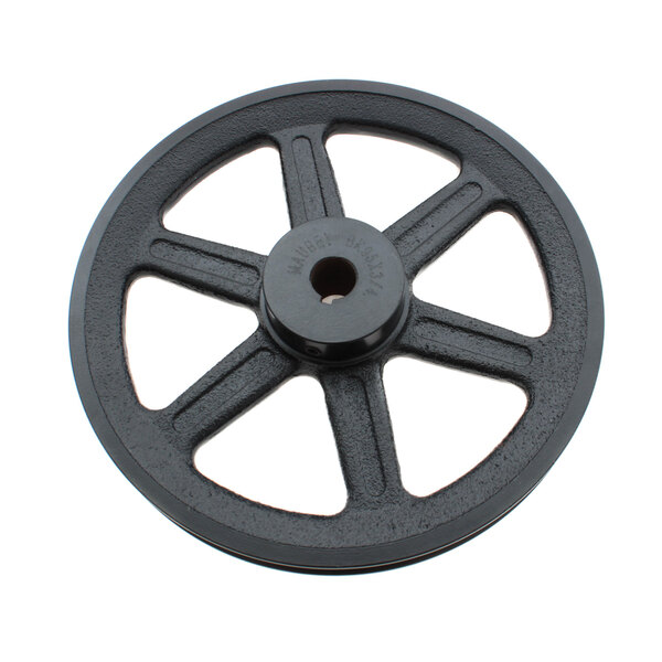 A black Univex drive pulley wheel with a hole in it.