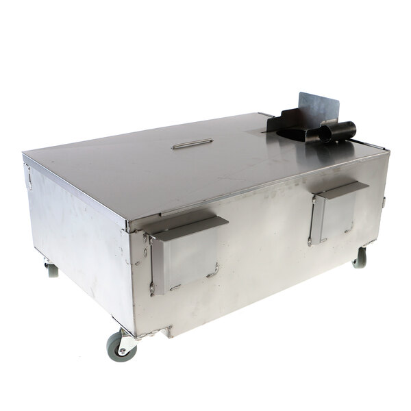 A stainless steel metal pan assembly with two drawers on wheels.