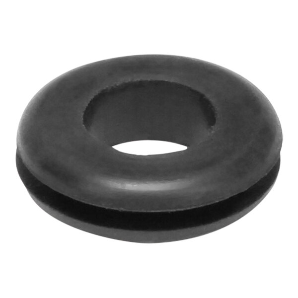 A close-up of a black Convotherm Buna rubber grommet with a hole in it.