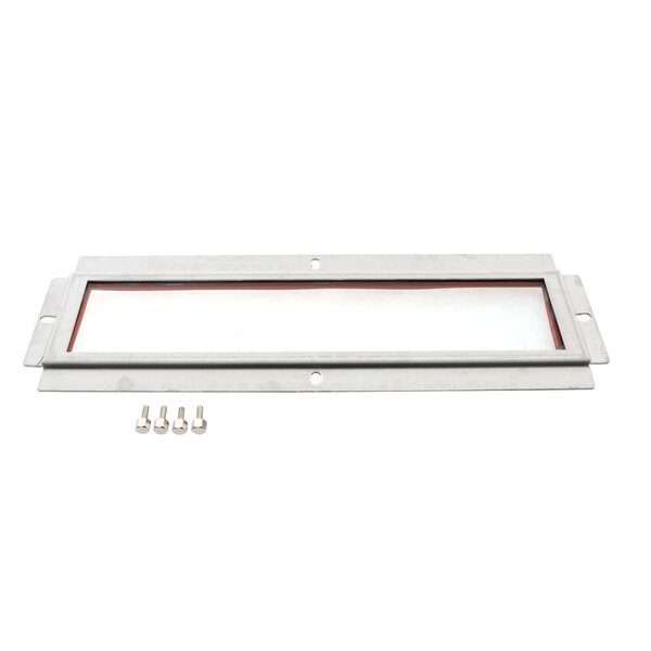 A rectangular white metal cover with screws.
