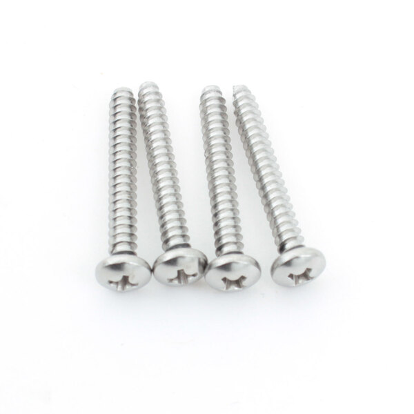Three stainless steel Vitamix upper shell screws on a white background.