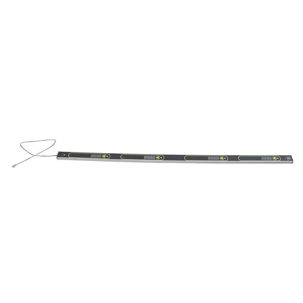 A long rectangular metal object with two yellow lights on one end and a cord.